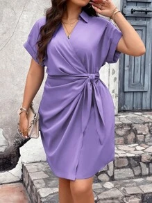 Breezaya 大码纯色裹身系带蝙蝠袖连衣裙 - 紫色 - 查看 1