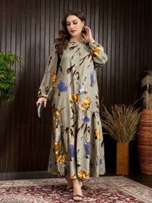 Mulvari Plus Size Spring Casual Flower Printed Lantern Sleeve Dress - Army Green - View 3