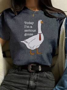 INAWLY Áo thun ngắn tay in họa tiết hình con vịt hoạt hình có khẩu hiệu, cổ tròn Hôm nay tôi là một con ngỗng nghiêm túc - Màu xám đen - Xem 1