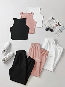 SHEIN Unity 夏季休閒圓領背心以及帶有翻蓋口袋的束口運動長褲 - 彩色 - 查看 1