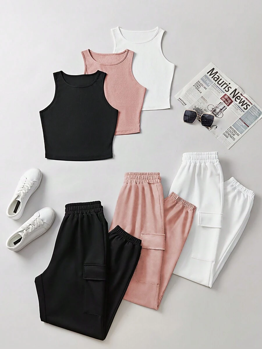 SHEIN Unity 夏季休閒圓領背心以及帶有翻蓋口袋的束口運動長褲 - 彩色 - 查看 1