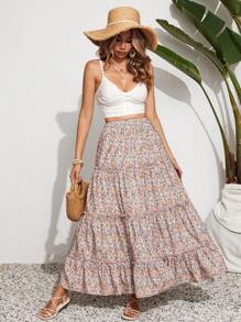 SHEIN VCAY Women's Ditsy Floral Long Skirt For Holiday - Multicolor - View 5