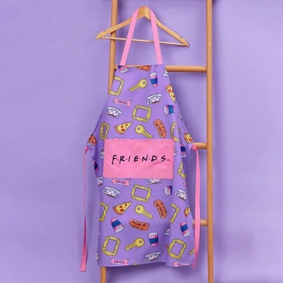 FRIENDS X SHEIN 1pc avental roxo com letras e estampa de desenho animado, cozinha, banheiro, casa, fornecedores domésticos, presentes
