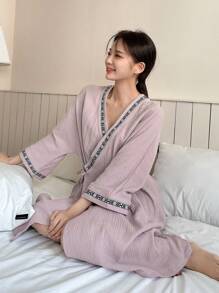 DAZY Phong cách Nhật  Kimono ÁO choàng mặc nhà Với Trang trí Dệt Ruy băng - Bụi tím - Xem 1
