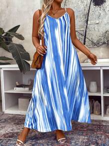SHEIN Holidaya 大尺碼彩色條紋假期風格背心裙 - 藍色 - 查看 1
