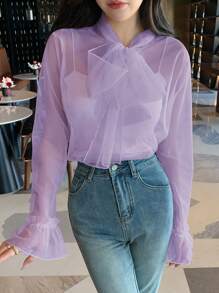 DAZY Women's Solid Color Collared See-Through Shirt With Tie Detail Long Sleeve Women - Purple - View 5