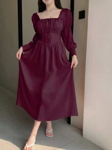 DAZY Vestido de mujer de unicolor con cuello cuadrado, manga de loto y ajuste en la cintura - Burdeos - Ver 4