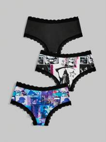 ROMWE 3pcs/Set Japanese Anime Printed Lace Trimmed Triangle Panties - Multicolor - View 2