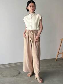 FRIFUL 女士夏季彩色拼接短袖t恤,捲邊設計 - 杏色 - 查看 2