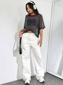 SHEIN EZwear 薄紗網實心蝙蝠袖短款t恤 - 黑色 - 查看 5