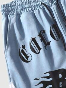 ROMWE MEN Street Life 男士口號印花籃球短褲，適合春夏日常穿著 - 藍色 - 查看 4