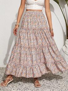 SHEIN VCAY Women's Ditsy Floral Long Skirt For Holiday - Multicolor - View 3