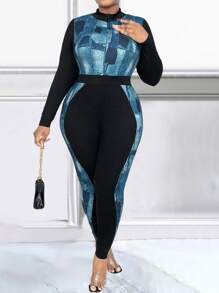 Maweii Plus Size Denim Effect Splicing Long Sleeve Skinny Jumpsuit - Multicolor - View 3