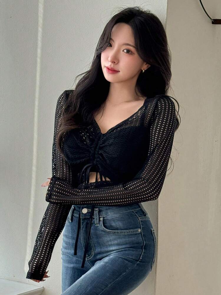 Spring/Summer Short Sleeve Women's See-Through Mesh Crop Top With V-Neck And Tie Going Out Tops Festival Sheer,Back To School Clothes Long Sleeve Women Tops