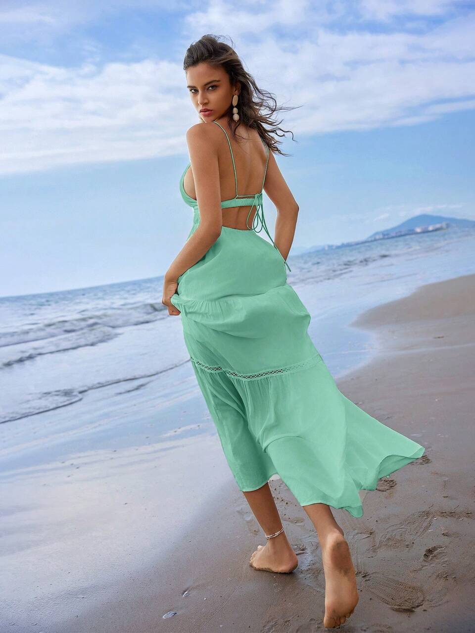 Romantic Seaside Resort Style, Elegant And Comfortable Lady Dress With Pleats, V-Neck And Hollow-Out Design.