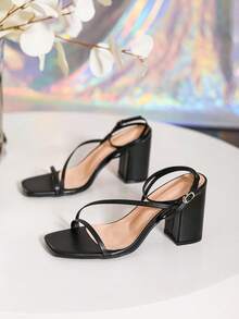 女士簡約風格厚底高跟派對度假涼鞋,帶踝束帶,黑色 - 黑色 - 查看 2