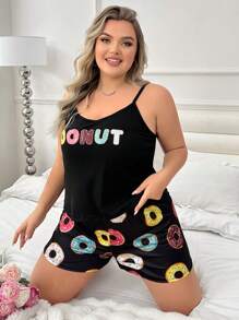 Plus Size Doughnut Pattern Printed Casual Tank Top And Shorts Pajama Set For Summer - Black - View 4