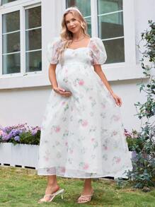 SHEIN 孕妇浪漫花园甜心领泡泡袖中长连衣裙 - 白色 - 查看 5