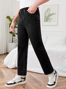 Teen Boy Basic Casual Elastic Waist Straight Leg Denim Jeans, Washed - Black - View 4
