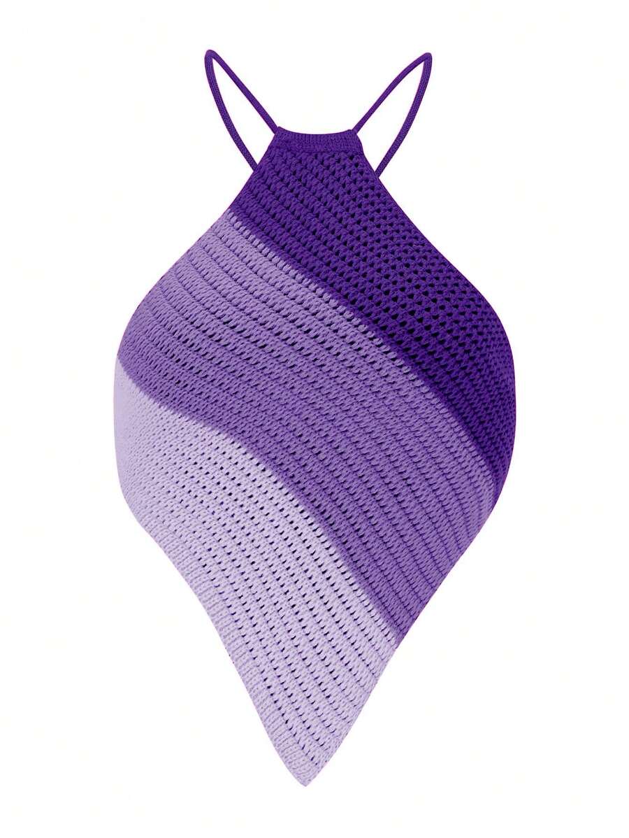 EgrlEra 夏季色塊不對稱披風針織上衣,背心設計和項掛頸 - 紫色 - 查看 1