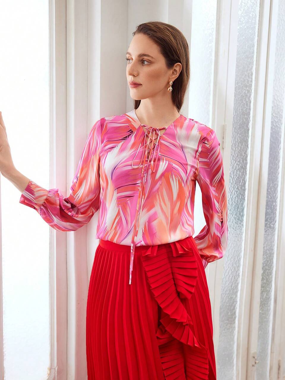 MOTF ALLOVER PRINT LACE UP FRONT BLOUSE, VALENTINE'S DAY