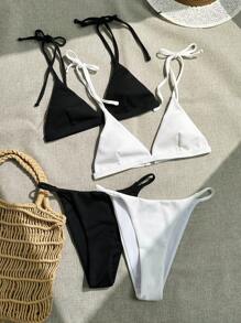SHEIN Swim Ensemble de 2 pièces de bikini texturé de couleur unie pour l'été - Noir et Blanc - Voir 1