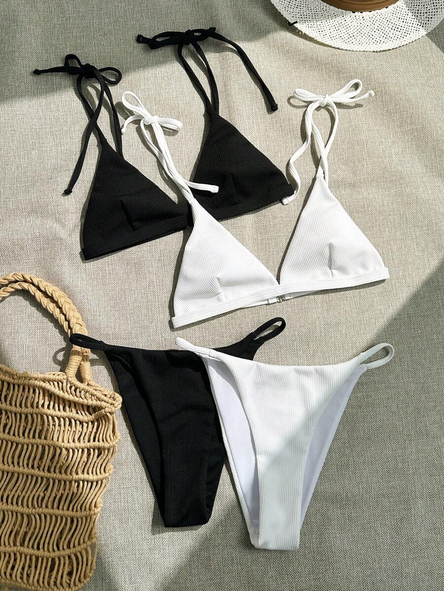 SHEIN Swim Ensemble de 2 pièces de bikini texturé de couleur unie pour l'été - Noir et Blanc - Voir 1
