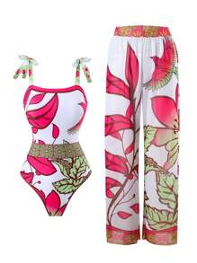 Swim Oasis Summer Beach & Pool Plant Printed One-Piece Swimsuit With Cover-Up Long Pants Set - Multicolor - View 1