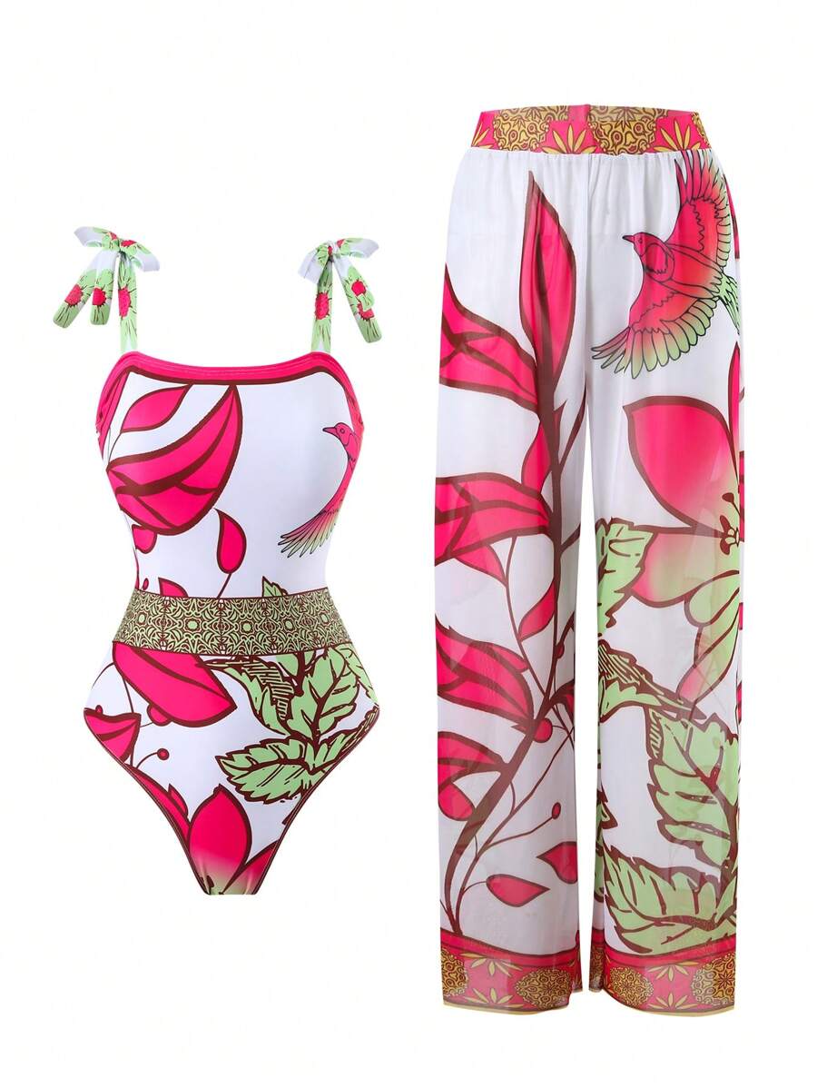 Swim Oasis Summer Beach & Pool Plant Printed One-Piece Swimsuit With Cover-Up Long Pants Set - Multicolor - View 1