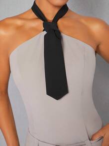 Hauture Tie Halter Neck Belted Pleated Dress - Grey - View 5
