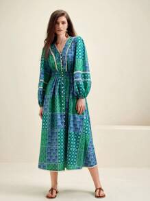 Anewsta沙灘風格接接花印花蕾絲邊燈籠袖集褶束腰v領裙 - 綠色 - 查看 7