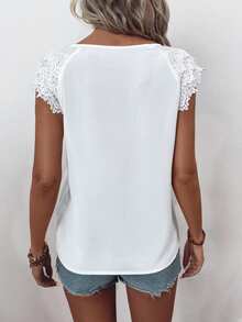 SHEIN LUNE Women's Summer Casual Loose Fit Shirt With Keyhole Neckline, Burn-Out Floral Embroidery And Raglan Sleeves - White - View 2