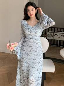 DAZY 女士V领长袖连衣裙，适合春季日常穿着，秋季度假穿搭，复活节波西米亚风。 - 藍色 - 查看 4