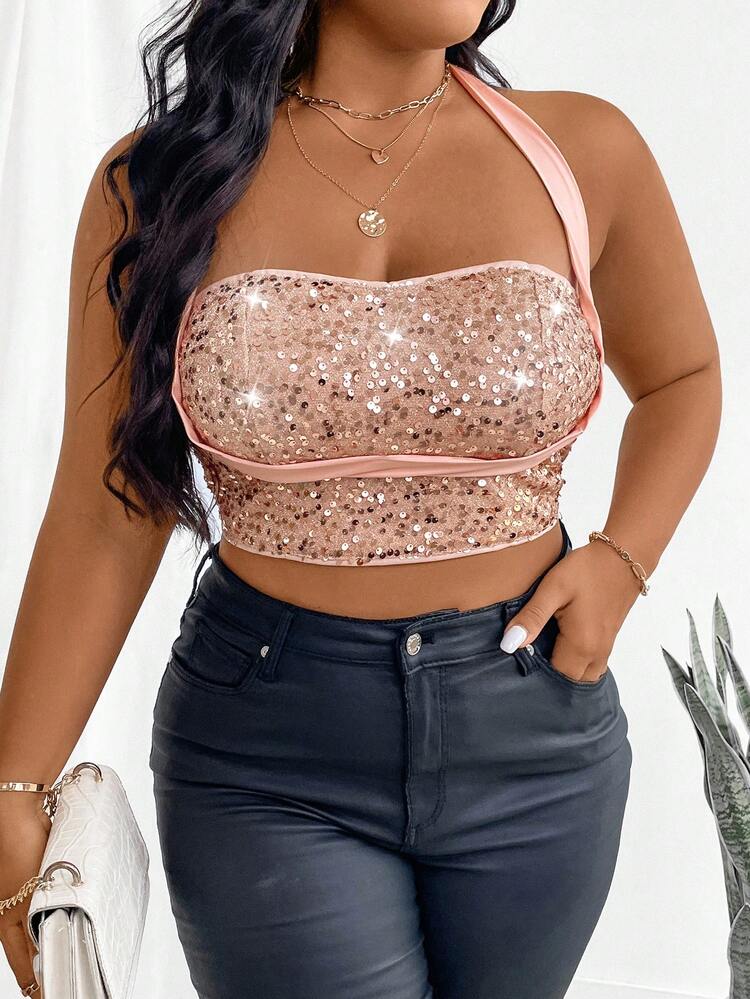 Plus Size Sparkly Square Neck Crop Top With Slim Fit And Patchwork Design