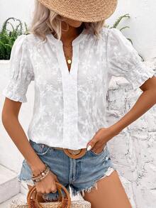 SHEIN LUNE Của phụ nữ Thêu hoa Cổ áo có khía Ngắn tay Áo sơ mi - trắng - Xem 6