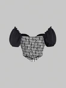 Sweetra 夏季休閒格紋拼接褶皺泡泡袖襯衫,適用於外出穿著 - 彩色 - 查看 2