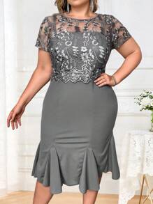 SHEIN Clasi 大尺碼女用刺繡網布美人魚連身裙 - 淺灰色 - 查看 4