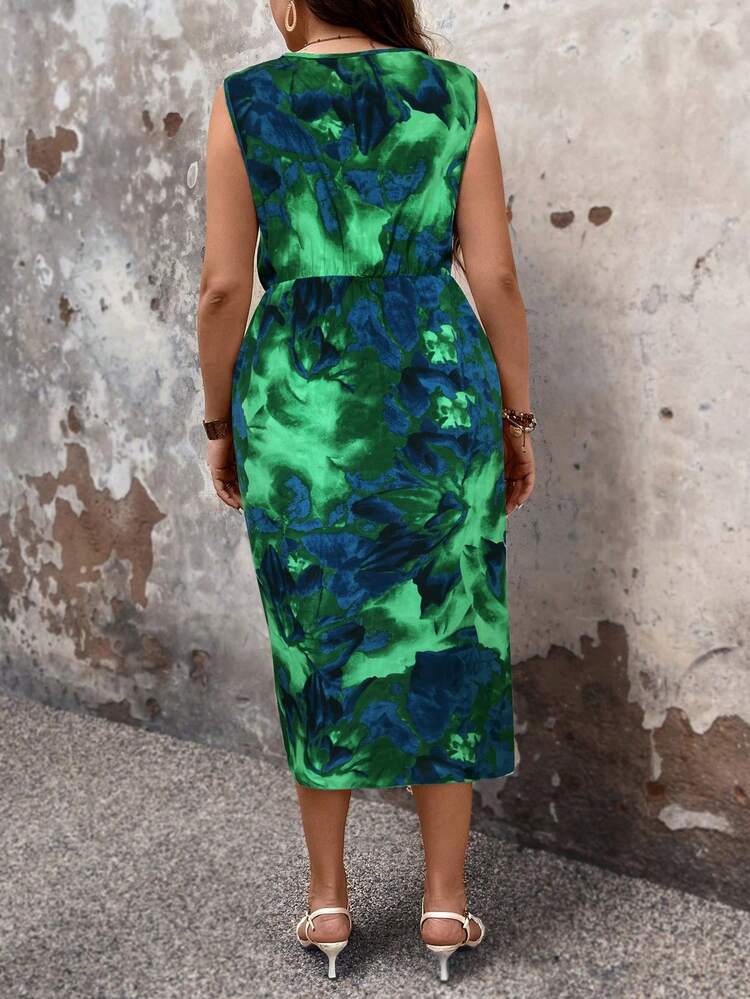 SHEIN Clasi Kích thước lớn Nhuộm buộc Hoa In Bọc Váy không tay - màu xanh lá - Xem 2