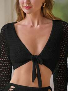 Anewsta Summer Casual Hollow Out Knitted Cropped Tie Front Top - Black - View 5