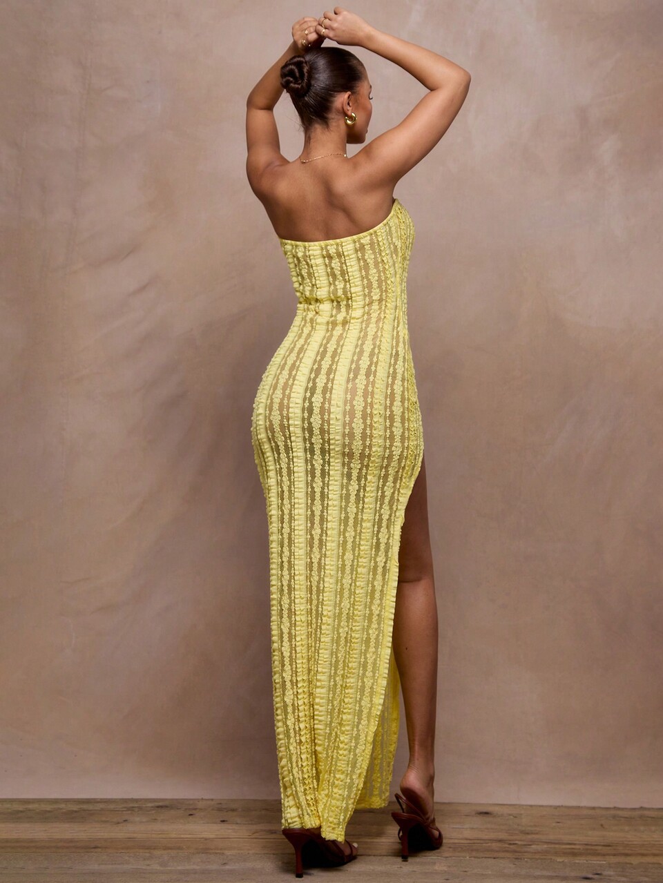 Yellow Summer Elegant Vacation Floral Lace Sheer Bandeau Split Maxi Dress, Beach Sun Dress,Wedding Guest Graduation Prom Cute Long Dress