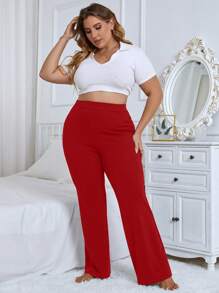 Plus Size Solid Color Elastic Waist Flare Pants For New Year Clothes Fall Cloth For Women - Red - View 4