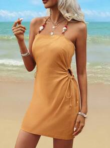 Breezaya Summer Strapless Beaded Splicing Holiday Women's Dress - Yellow - View 3