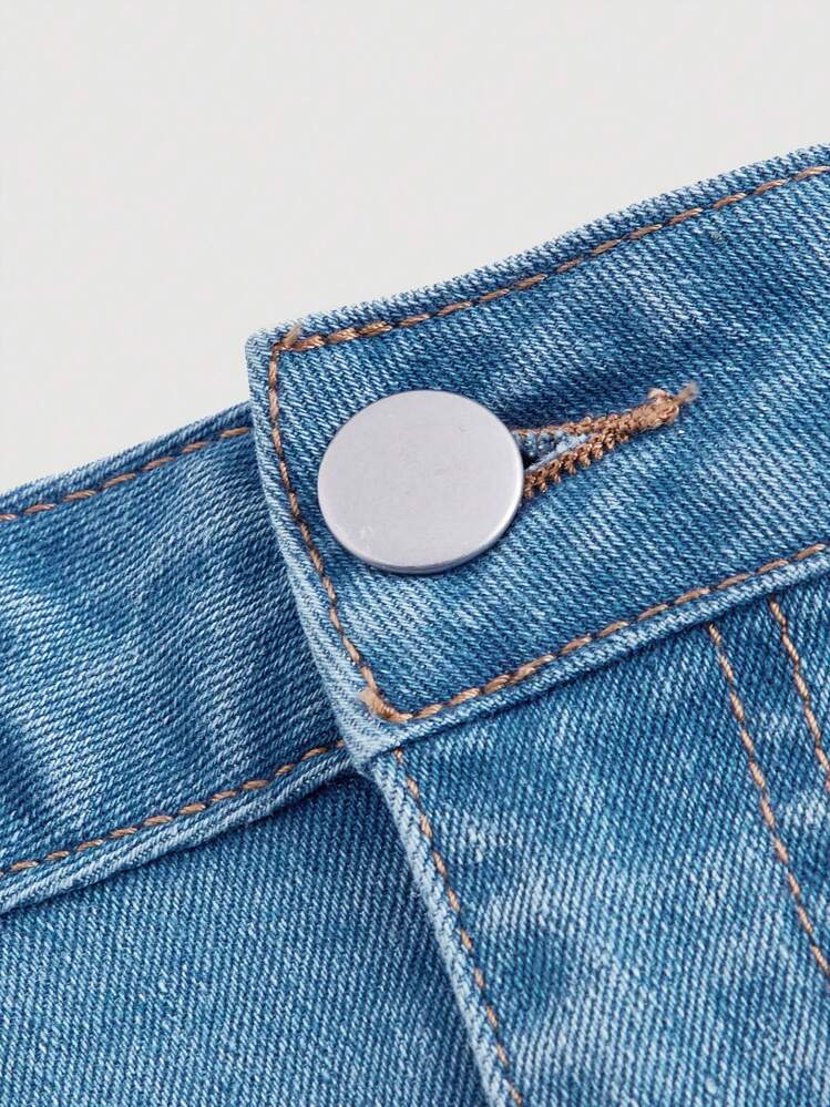 SHEIN PETITE 女士休闲牛仔迷你裙，带口袋 - 藍色 - 查看 3