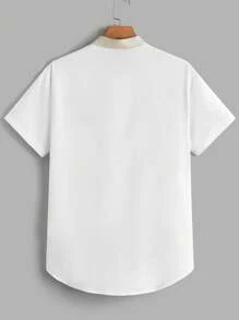 Manfinity Homme Men's Summer Standing Collar Color Block Woven Short Sleeve Shirt - White - View 2