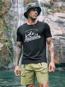 SHEIN In My Nature Maglietta A Maniche Corte Da Uomo Con Stampa Di Slogan Di Montagna Per Attività Outdoor - nero - Visualizzare 4