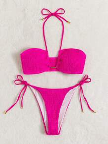 SHEIN Swim Summer Beach Textured Halter Neck Bikini Set - Hot Pink - View 6