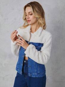 SHE(IN) BRASIL 拼接絨毛翻蓋細節牛仔夾克 - 深色水洗藍 - 查看 1