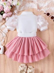 SHEIN طقم بأكمام وتنورة مكشوفة بطابع عتيق وربطة عنق مزينة بزهور لفتاة صغيرة بأسلوب جذاب وبسيط - وردي - مشاهدة 2