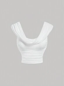 SHEIN MOD Áo phông trắng nữ tính lãng mạn có thiết kế cổ xếp ly - trắng - Xem 1