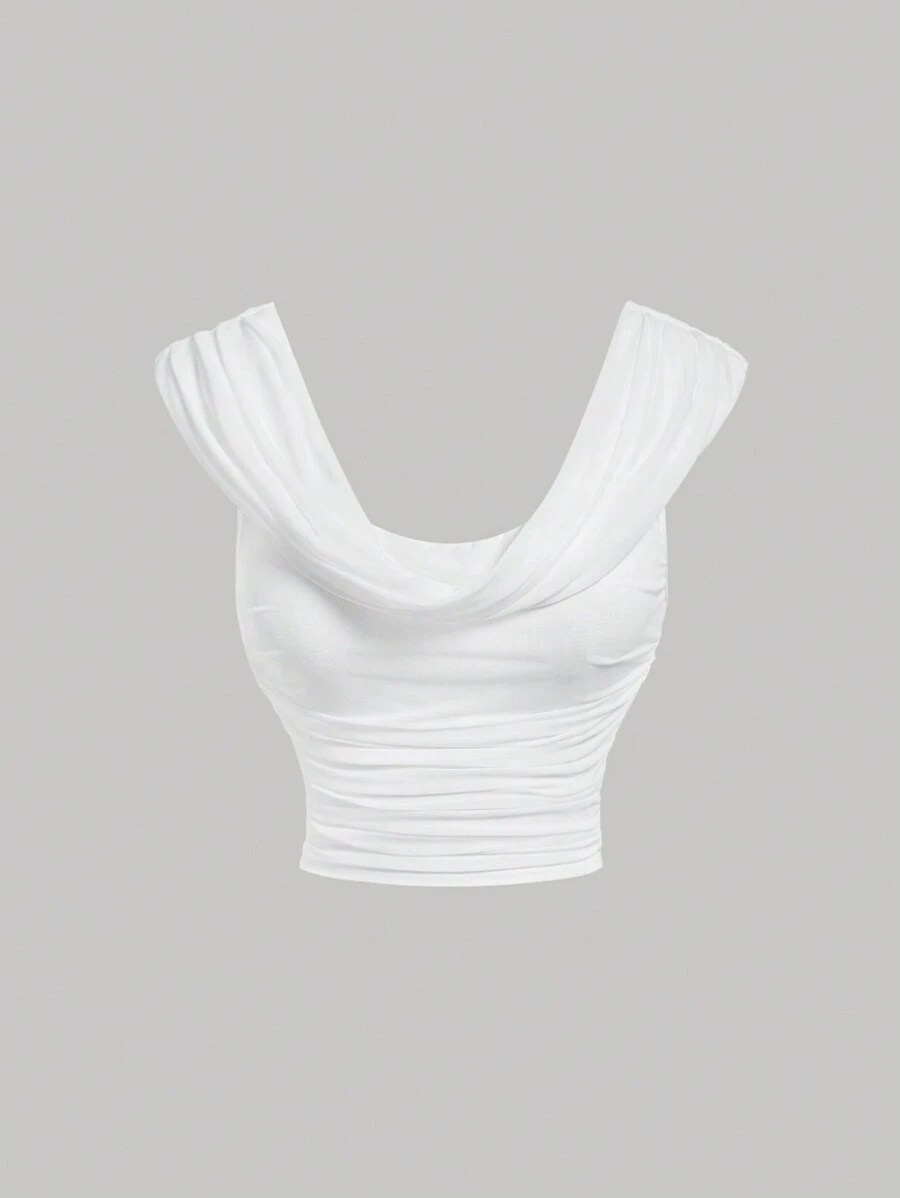 SHEIN MOD Áo phông trắng nữ tính lãng mạn có thiết kế cổ xếp ly - trắng - Xem 1